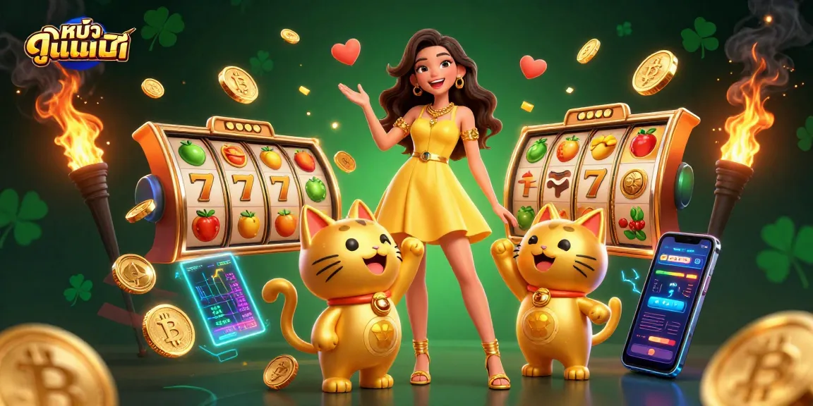 Experience ดูหนังออนไลน์ with a cheerful Asian woman and lucky cat, celebrating in a vibrant casino setting.