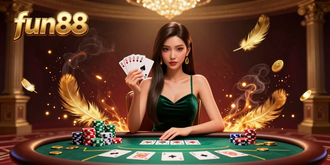 Experience fun88 at a vibrant casino table with a strategic Asian woman player holding cards.