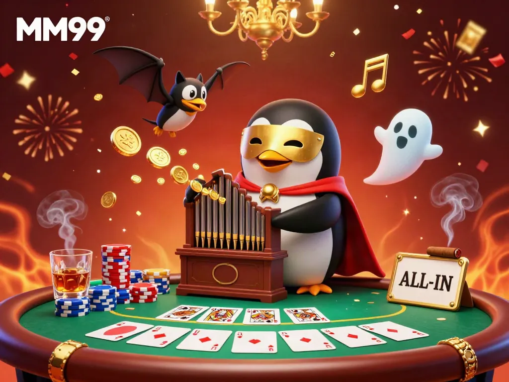 Experience the thrill of poker with MM99 in this vibrant 3D casino illustration featuring a penguin organist.