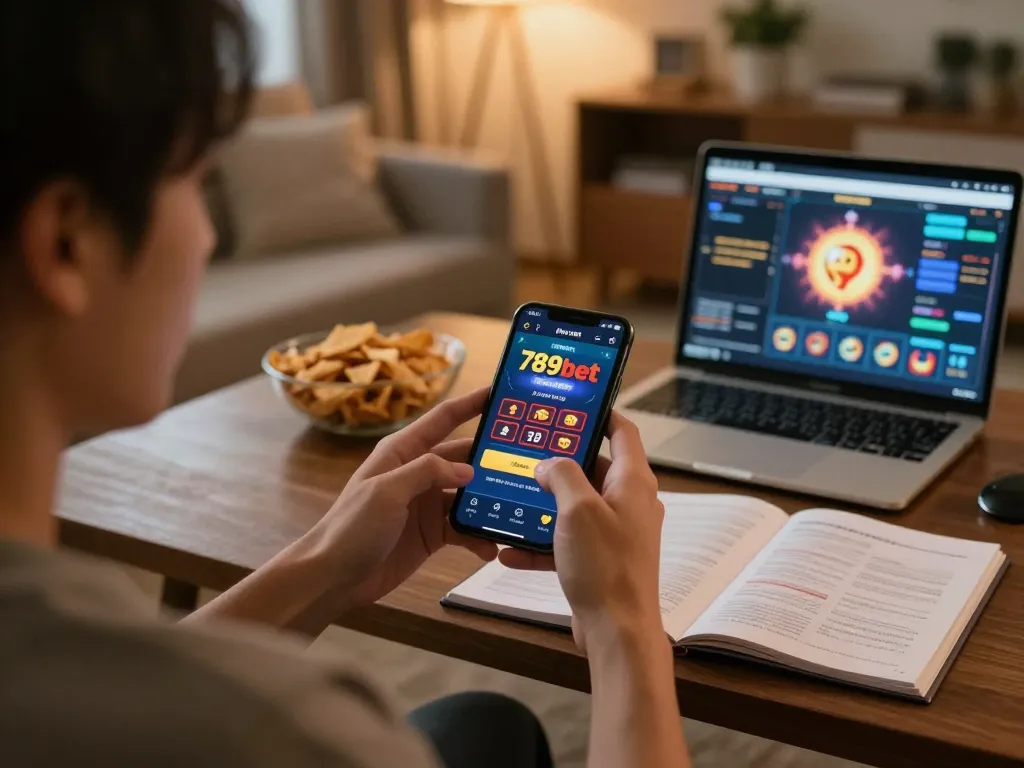 Player exploring 789bet online casino app in a cozy home setting while enjoying a strategic gambling experience