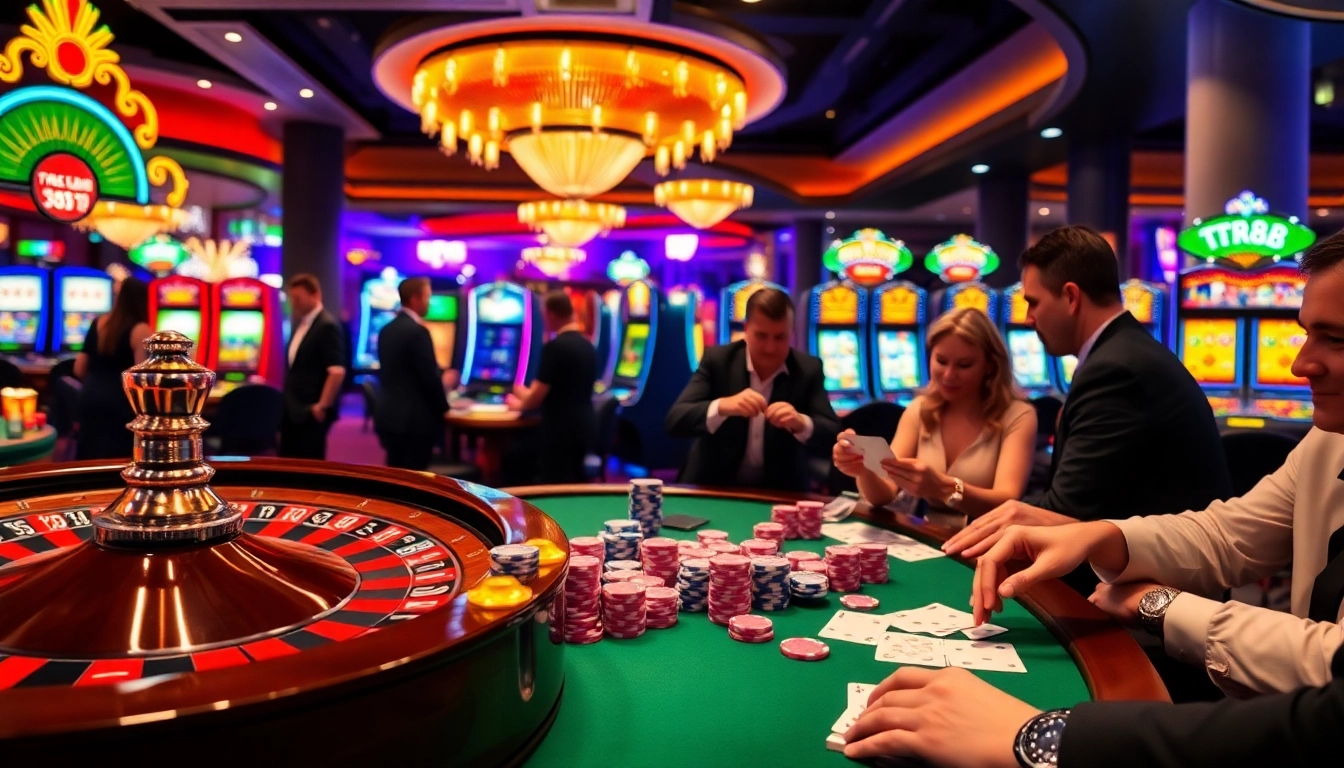 Players enjoying a thrilling game at tr88's luxurious casino, featuring roulette and poker tables.