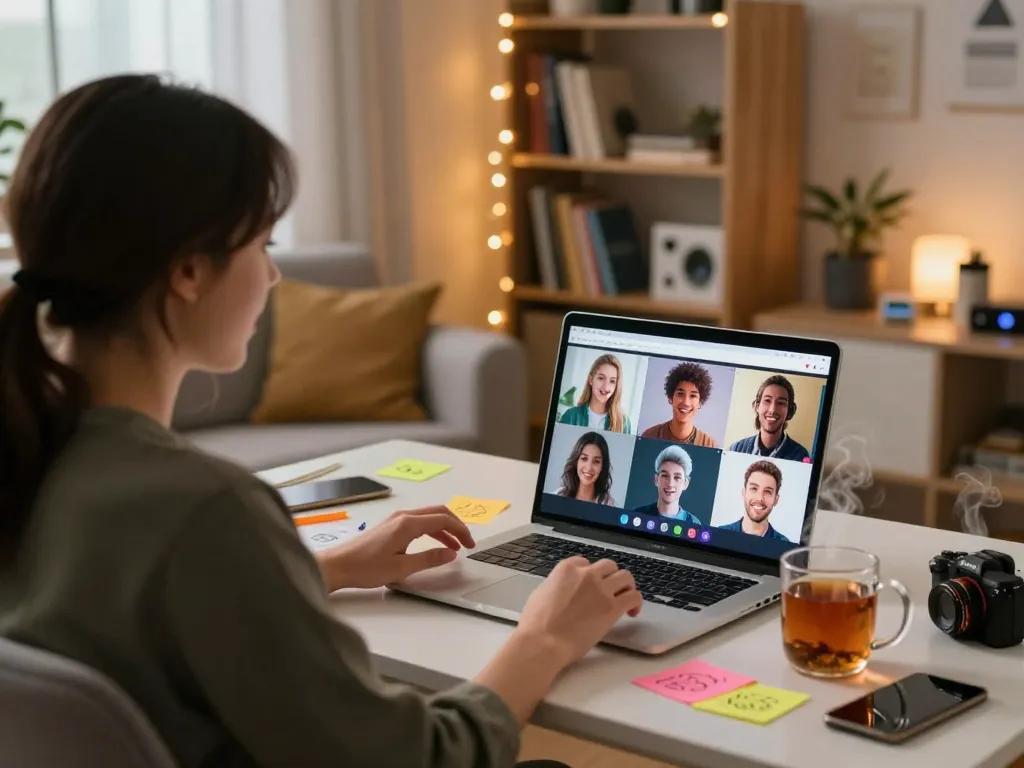 Engaging scene of a virtual chat experience with crush on ai characters in a cozy home office.