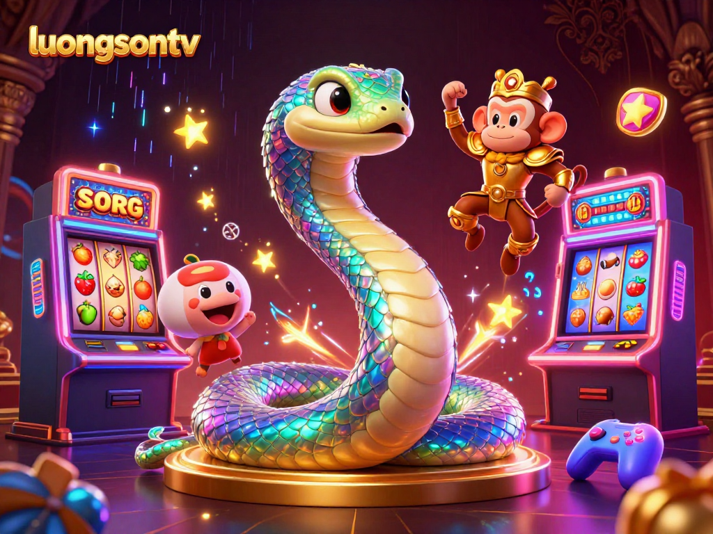 Experience the thrill of gaming on luongsontv with a vibrant slot machine scene featuring colorful characters and dynamic elements.