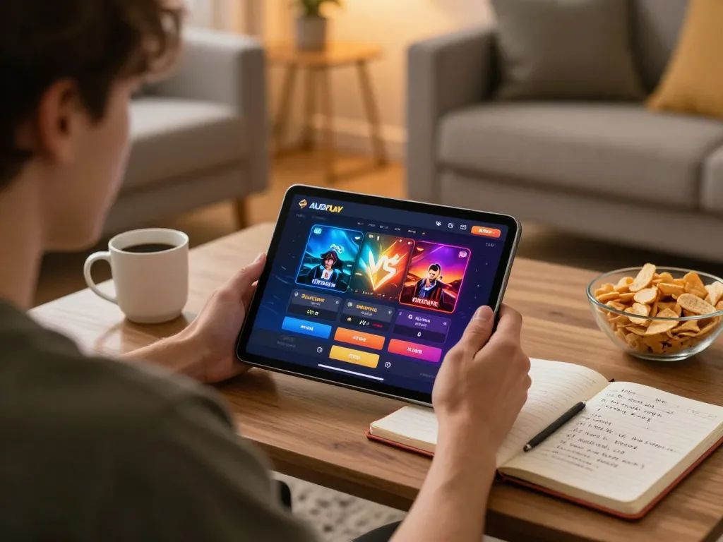 Player enjoying online slots at AUDPlay, showcasing tablet interface and cozy home setting