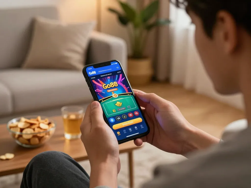 Engaging with the Go88 app for a thrilling mobile gambling experience at home.