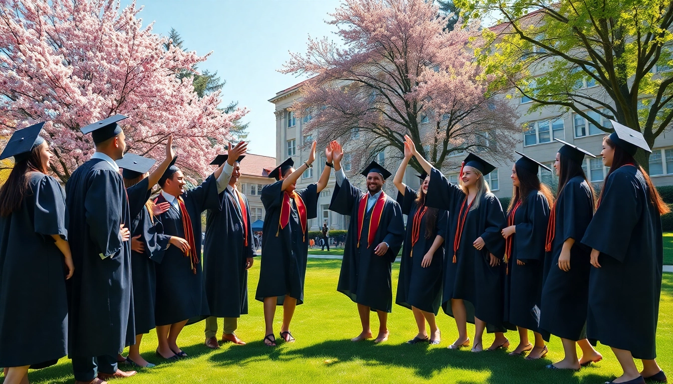 Graduates celebrating their success with joy and camaraderie on campus.