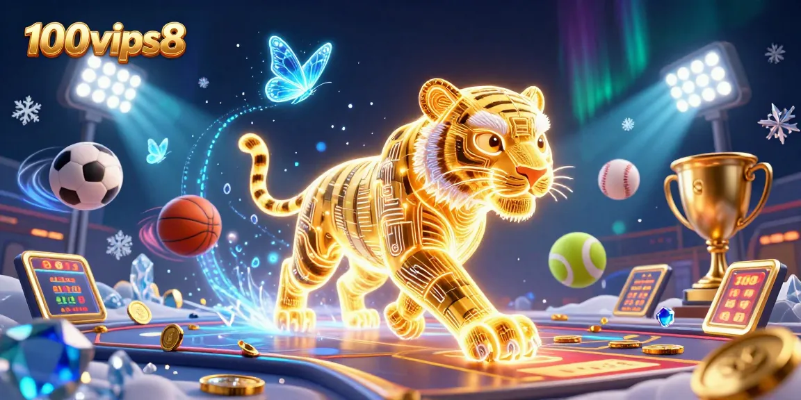 Engage with 100vips8 in a vibrant digital casino, featuring a neon tiger and dynamic sports elements.