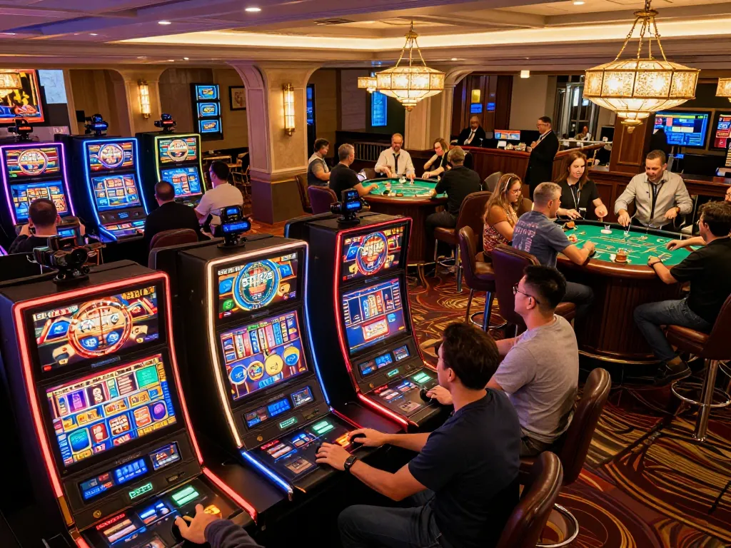 Excited players enjoy engaging slot machines at the hit club casino, showcasing a vibrant gaming atmosphere