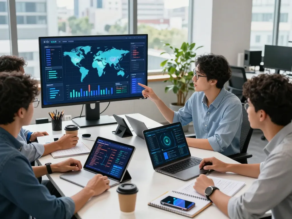 快连 team collaborating on innovative network solutions in a modern office environment featuring technology and collaboration tools.