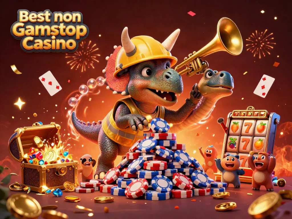 Celebrate wins at the Best non Gamstop Casino with a vibrant 3D scene featuring animated dinosaurs and casino elements.