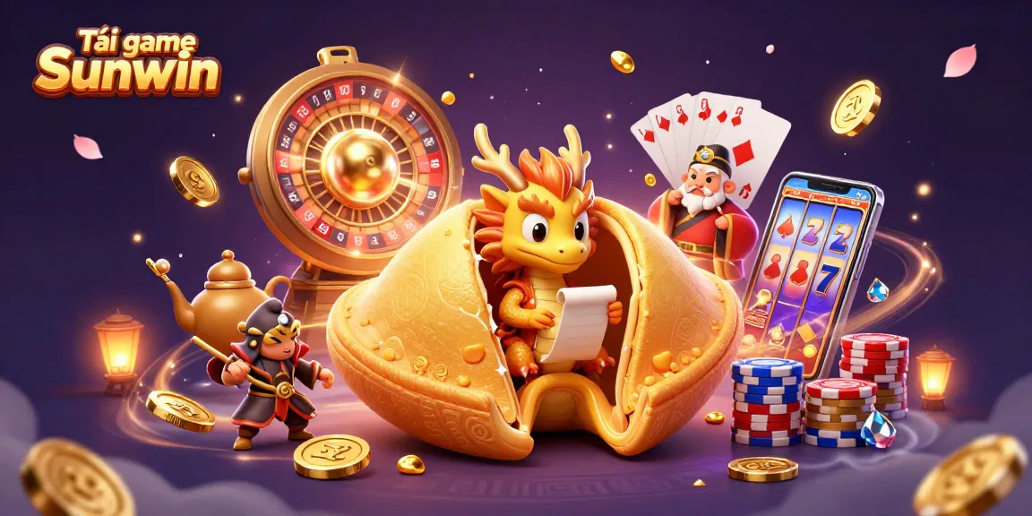 Tải game Sunwin with dynamic golden elements and cartoon characters in an engaging casino scene.