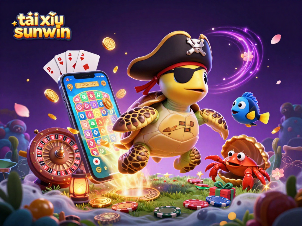 Engage in the exciting world of tài xỉu sunwin with a vibrant 3D casino scene featuring a cartoon pirate turtle and treasures.