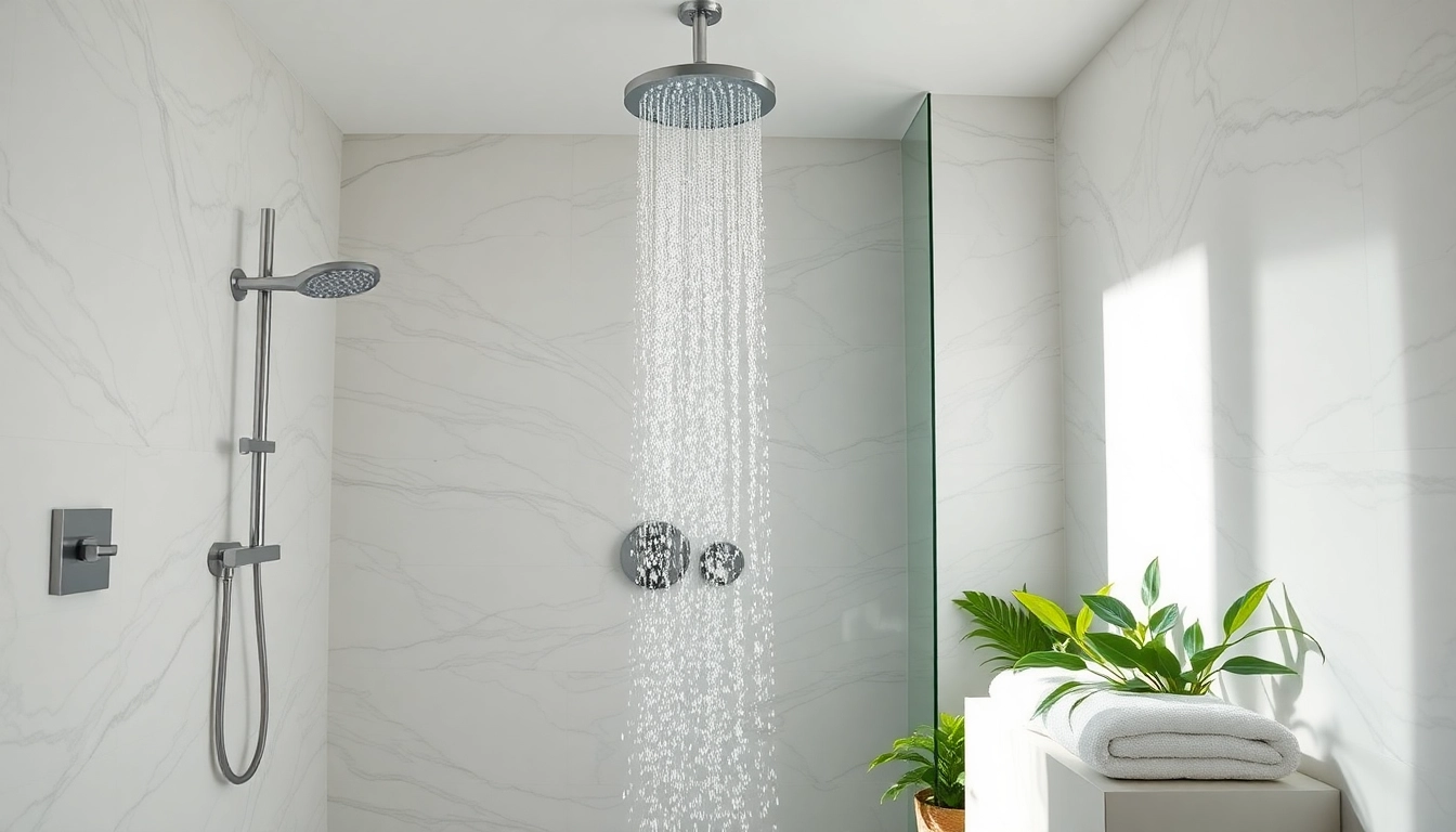 Enjoy elegant showers with a luxurious rainfall showerhead surrounded by serene decor.