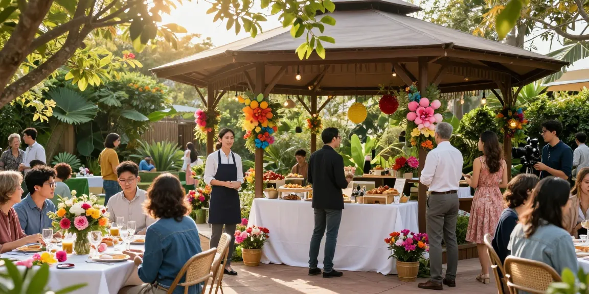 Elegant outdoor gazebo setup at https://www.gazebohirelondon.co.uk/ for a joyful event with guests and decorations.