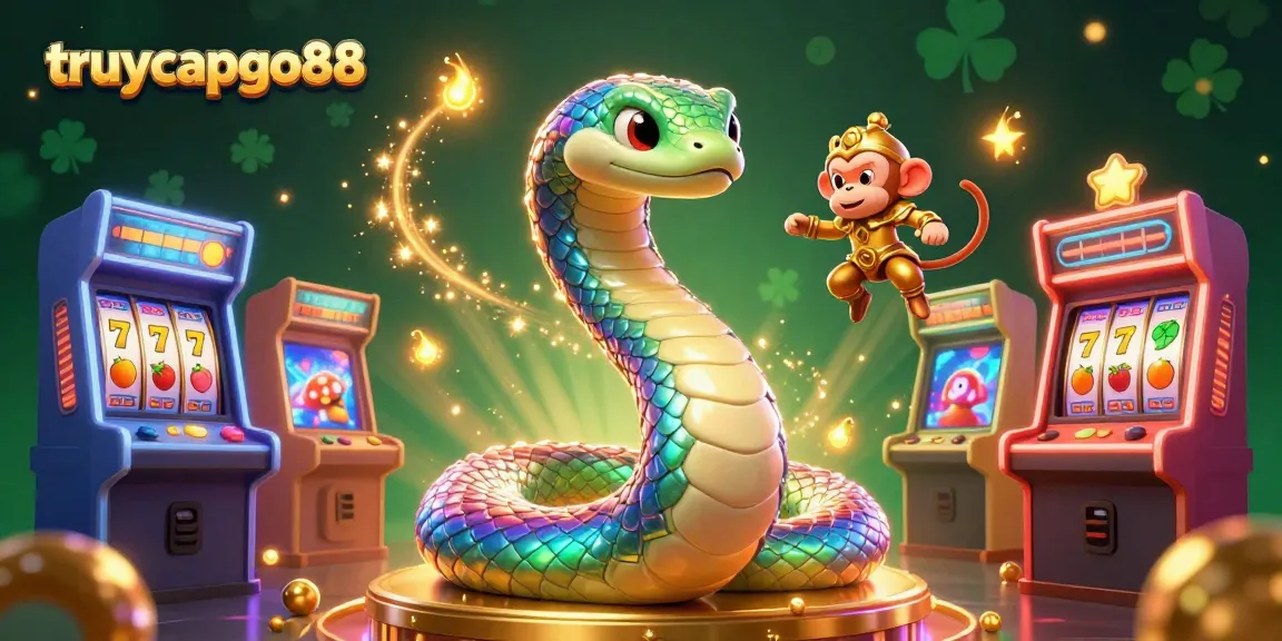 Engage with the whimsical scene of truycapgo88, where a rainbow serpent and monkey king play amid vibrant slot games.