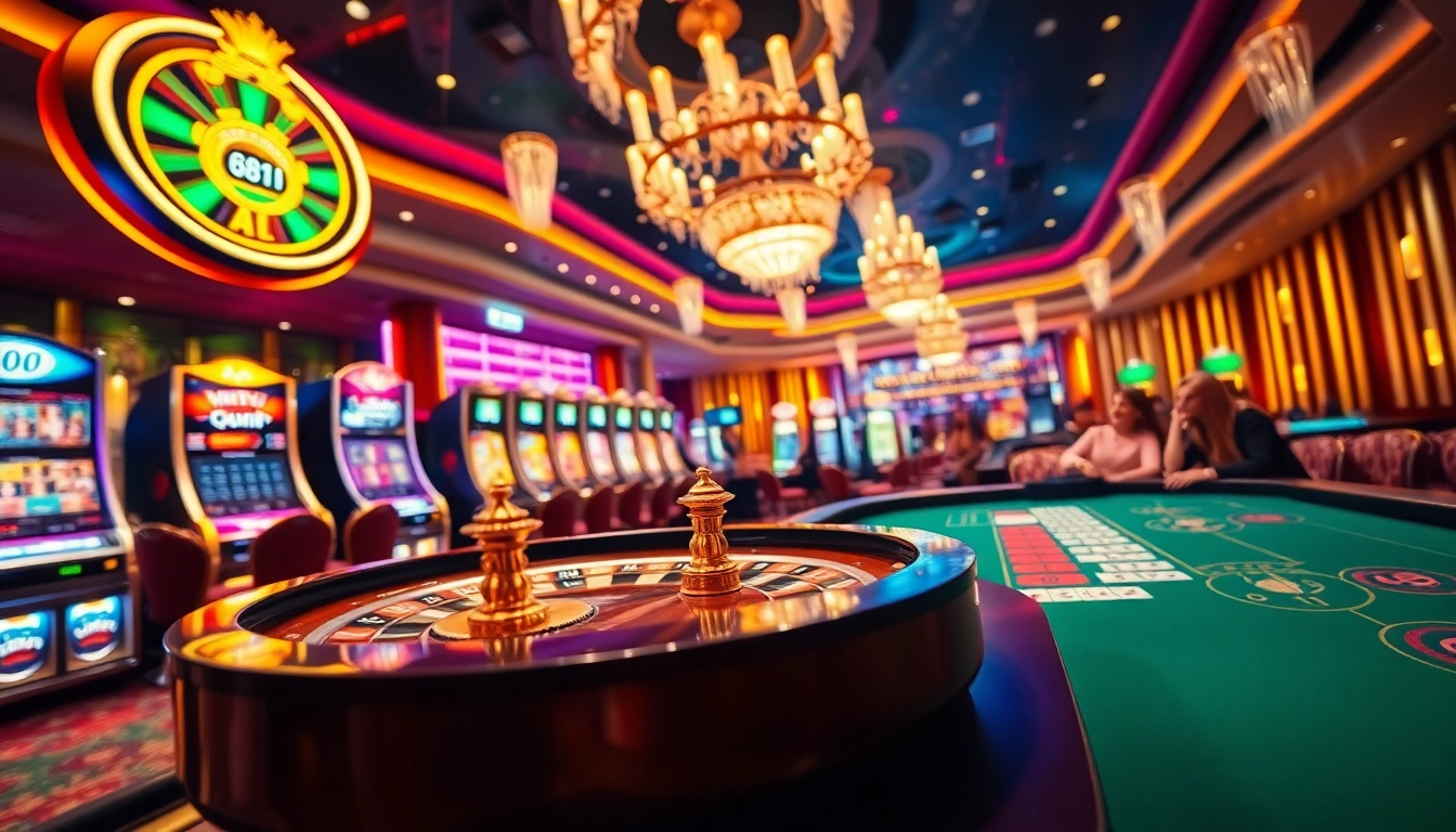 Experience the excitement of Nhà Cái 68VIP with luxurious casino elements like vibrant gaming tables and poker chips.