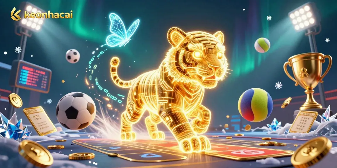 Experience the thrill of keonhacai sports betting with a vibrant casino scene featuring dynamic sports balls and a glowing tiger.