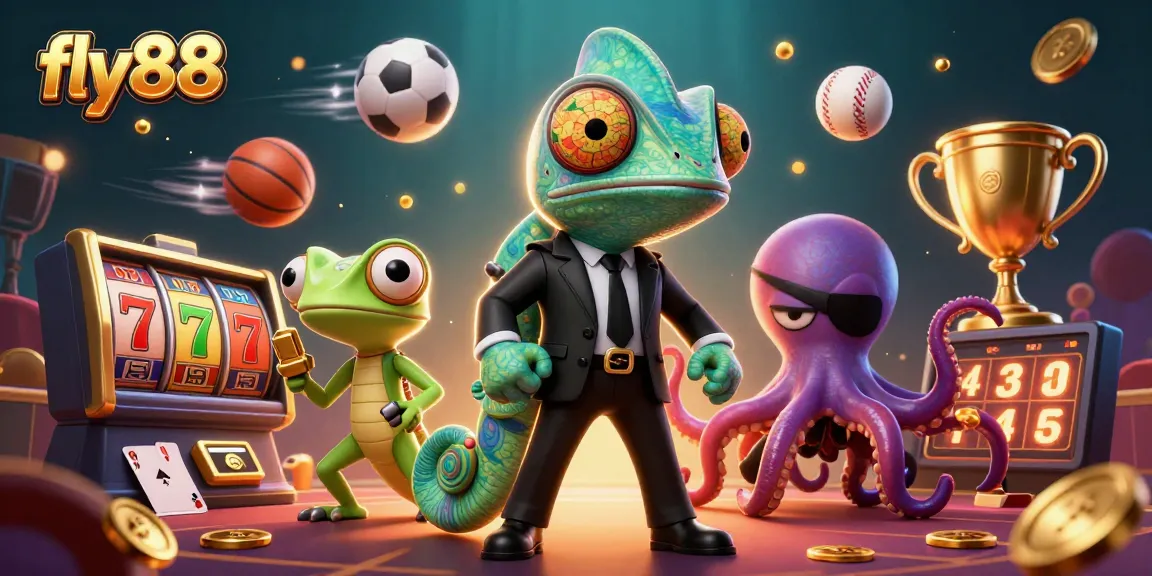 Experience fly88's thrilling gaming in a vibrant 3D digital illustration of animated casino characters.