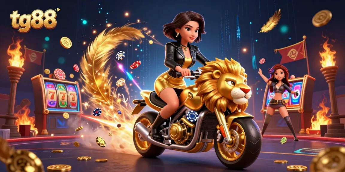Experience exciting gameplay in tg88 with a glamorous character riding a golden lion mascot amidst vibrant casino elements.
