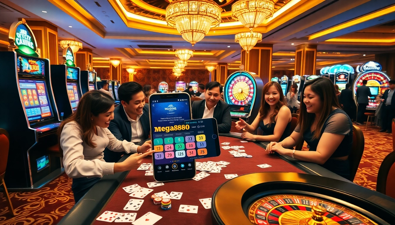 Players enjoying the mega888.apk casino experience with vibrant slot machines and thrilling poker games.