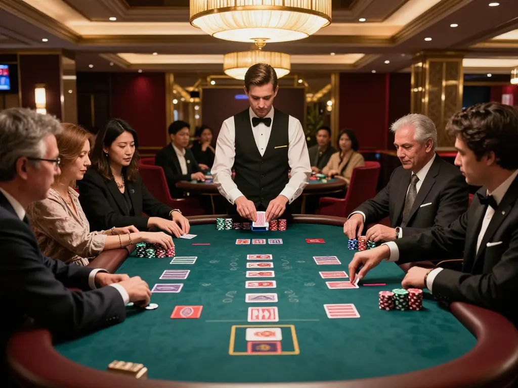 Players enjoying a thrilling game of baccarat at SC88's high-end casino table, showcasing luxury and strategy