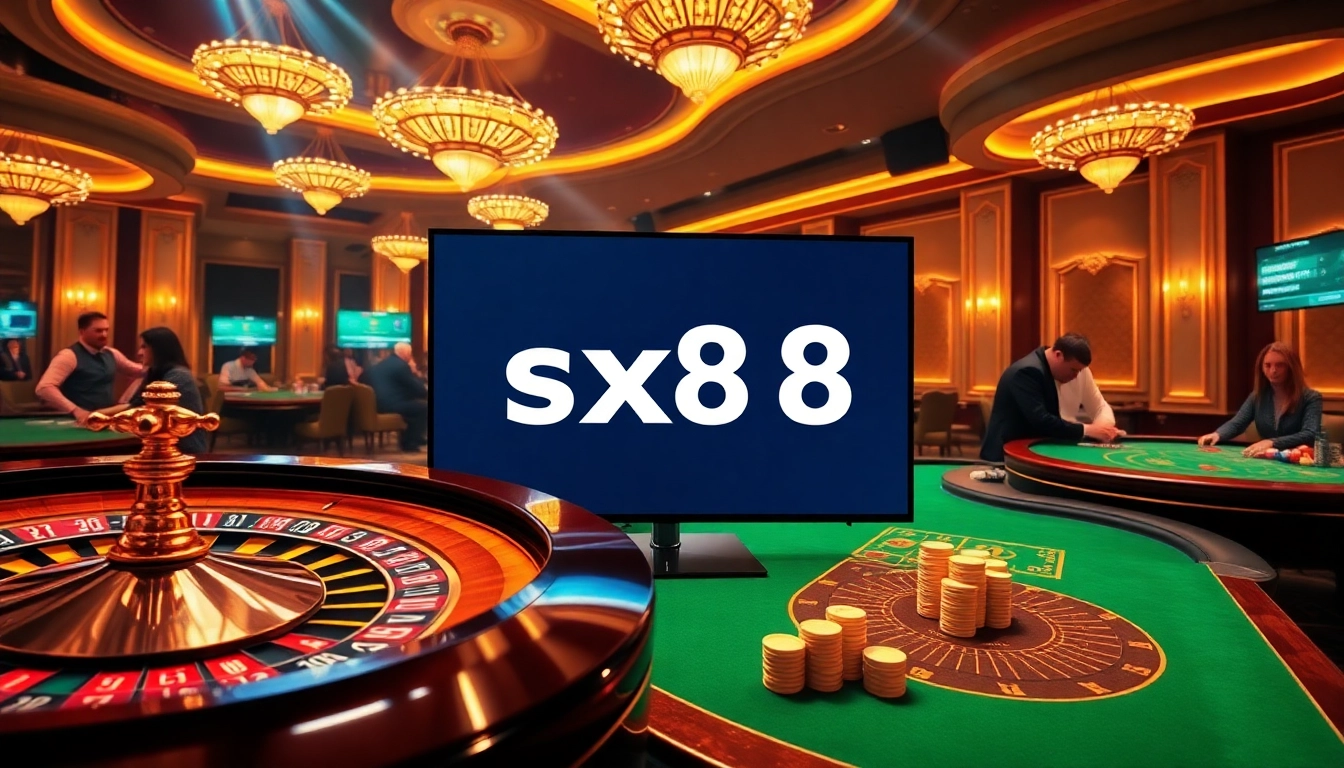 SX88 online casino scene with players at poker tables and digital interfaces.