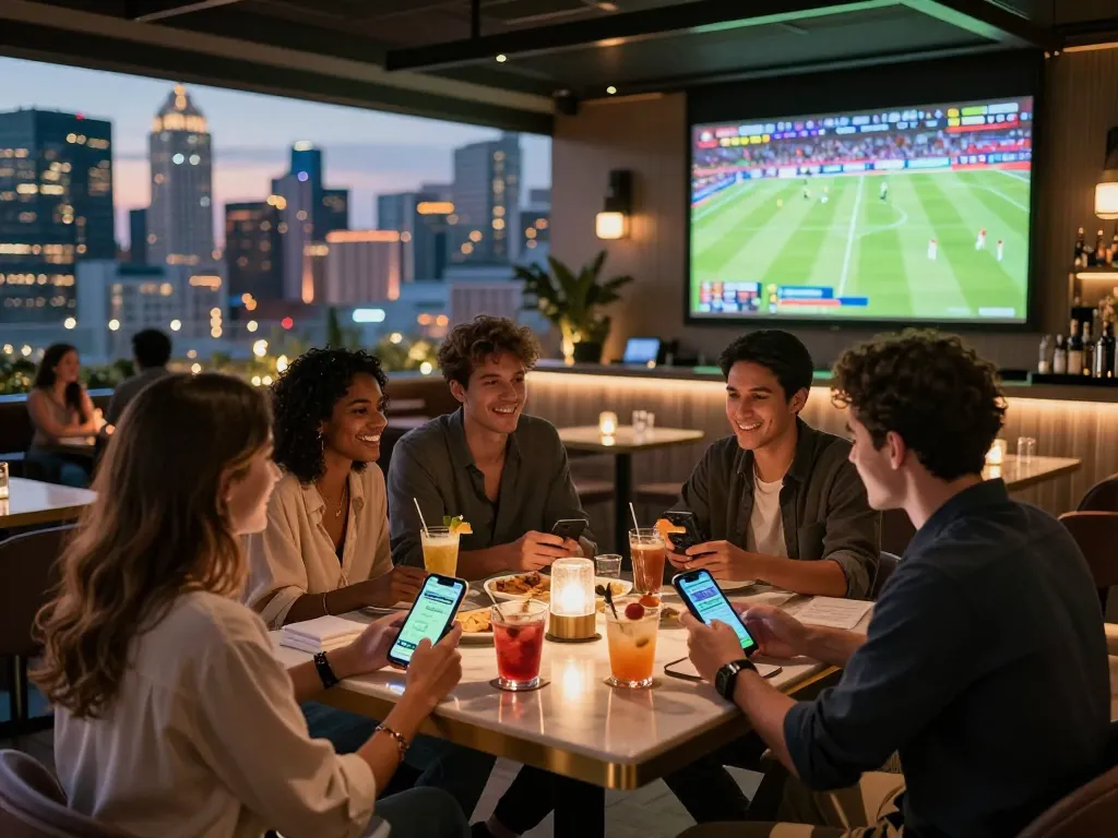 Friends engaged in de bet mobile app sports betting at a luxurious rooftop bar, city skyline backdrop.