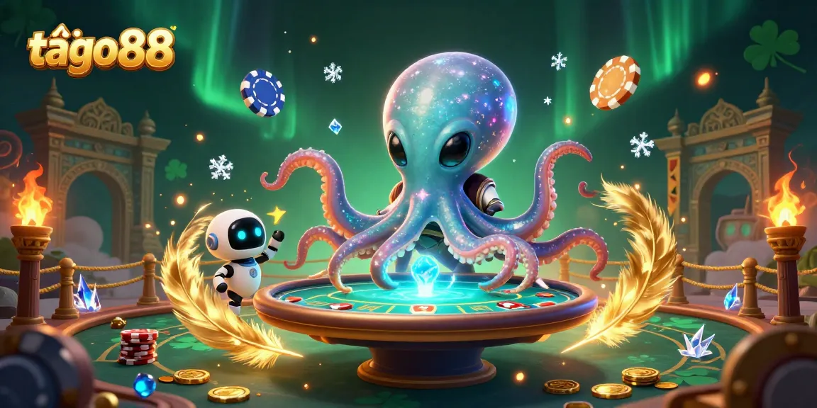 Bet big and win with tải go88, as a whimsical alien octopus plays poker in a cosmic scene.