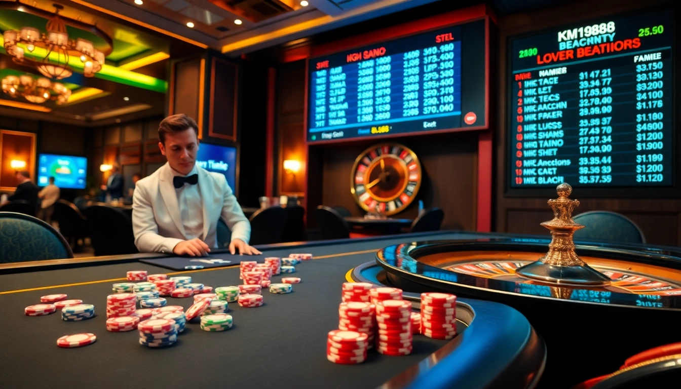 Experience the thrill of km1888b at a vibrant casino table with professional dealers and colorful chips.