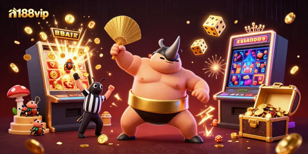 Experience thrills at n188vip with a dynamic scene of a cartoon beetle champion amidst casino excitement and glowing treasures.