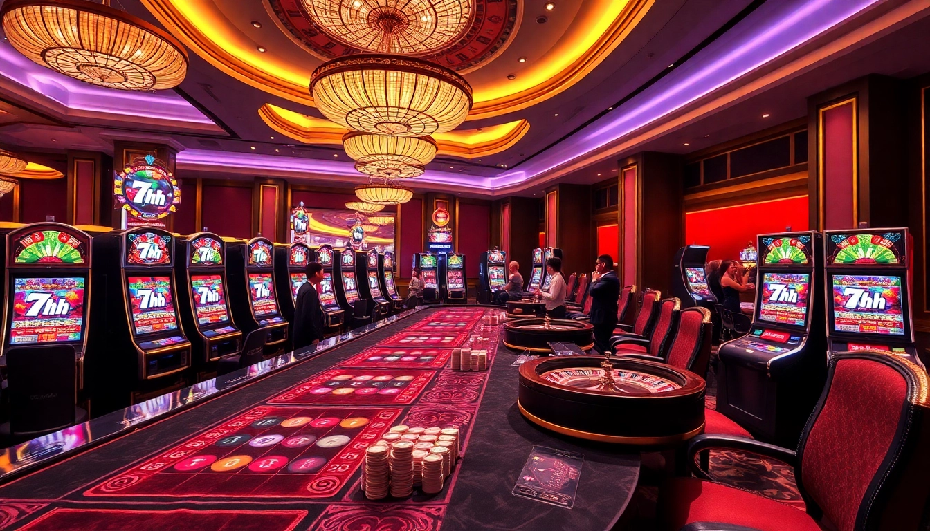 Players enjoying the excitement of 7hh slot machines and gaming tables in a luxurious casino.