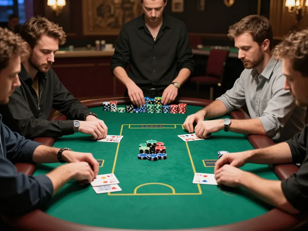 Players intensely strategizing game outcomes at SC88 casino poker table