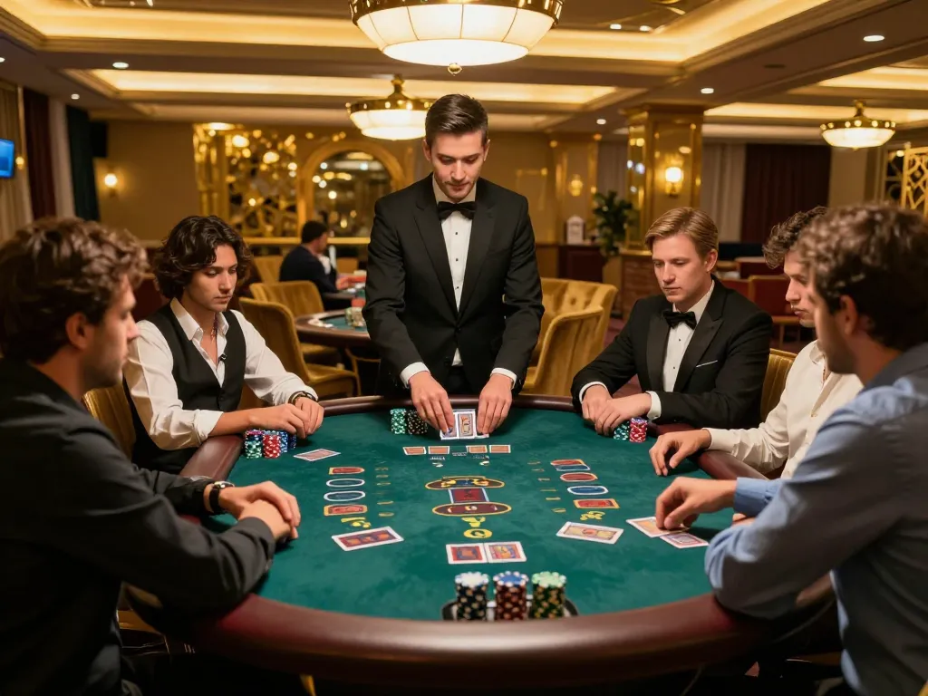 iwin blackjack game in a luxurious casino setting with players engaged and dealer dealing