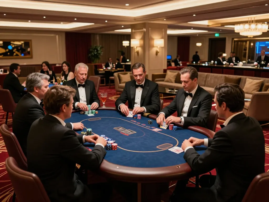 Engaged players at an NK88 VIP poker table showcase high-stakes gameplay in a luxury casino setting.
