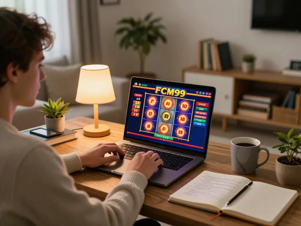 Player enjoying FCM99 online casino gaming on laptop in a cozy home setting with colorful slot game display.