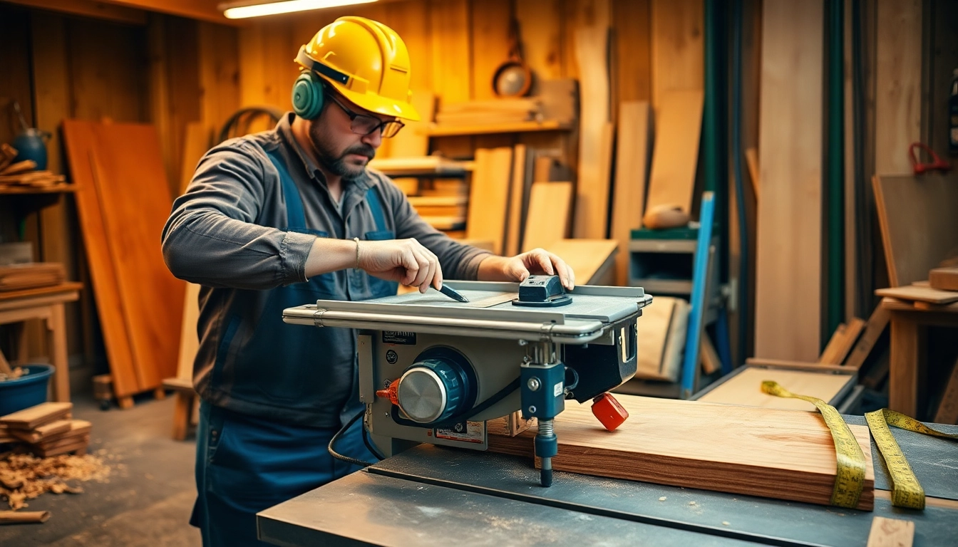 Craftsman using a table mitre saw in a well-lit workshop with wood materials and tools.