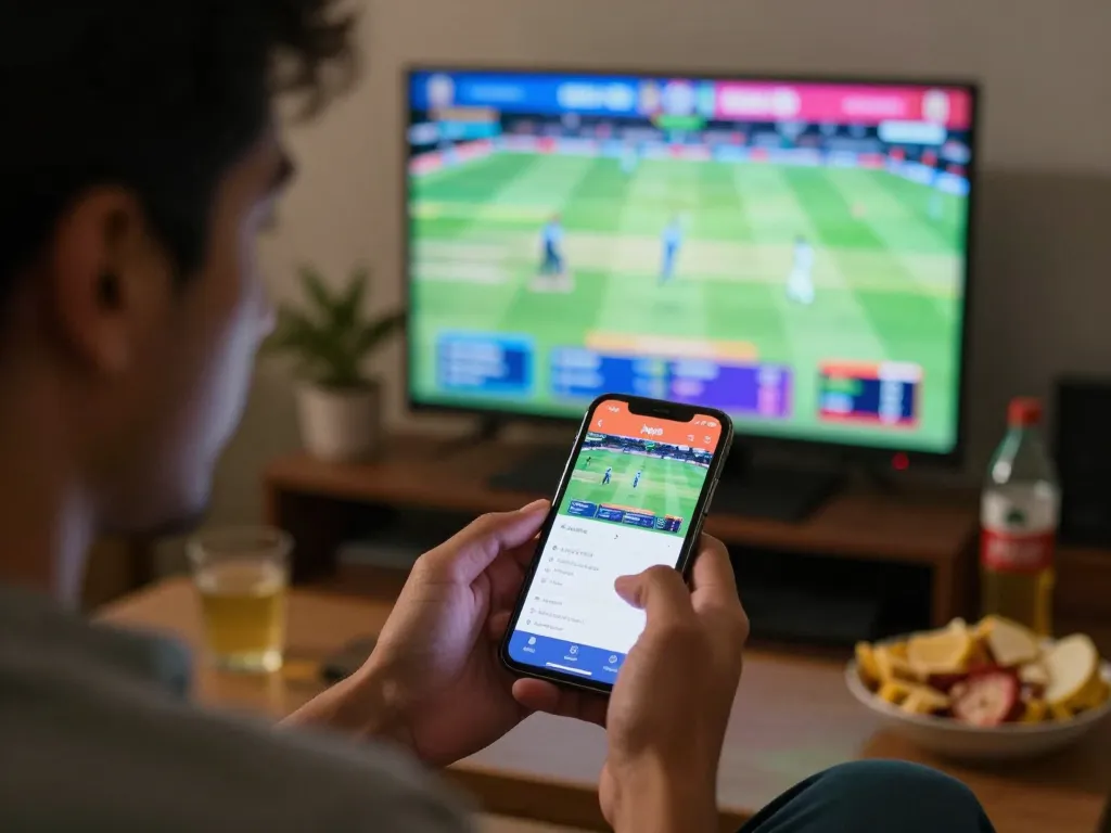 Place bets on joya9 best cricket matches using a smartphone in an inviting home setting.