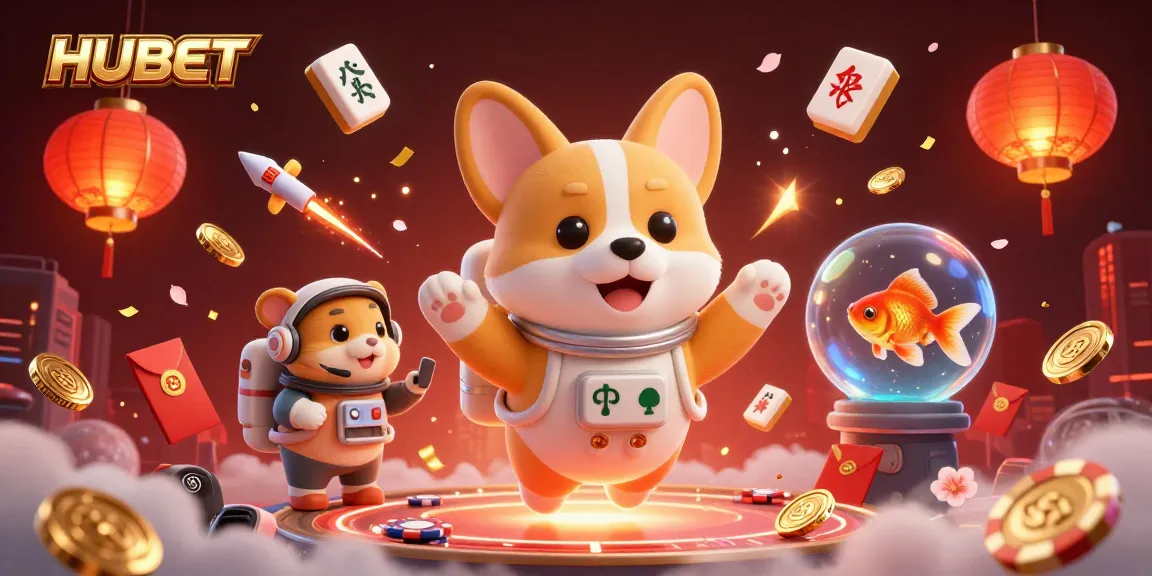 Engage with HUBET's thrilling space casino scene featuring a playful astronaut corgi navigating floating gaming elements.