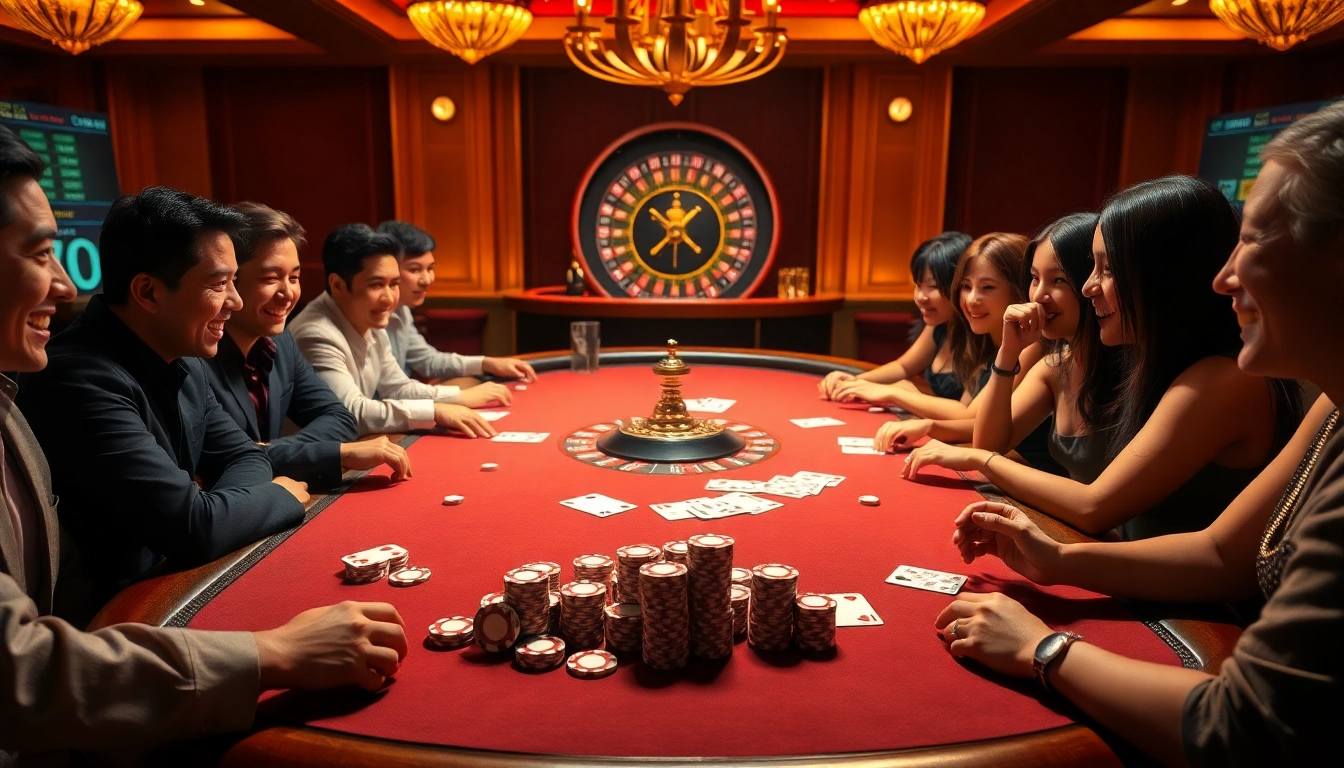 The dynamic casino scene at 68VIP showcases players enjoying poker with vibrant chips and elegant cards.