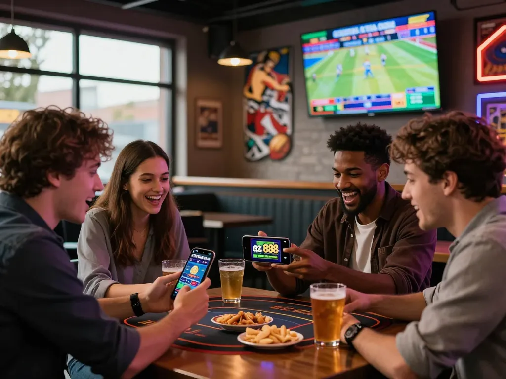 Friends enjoying az 888 betting experience in a lively sports bar with vibrant energy.