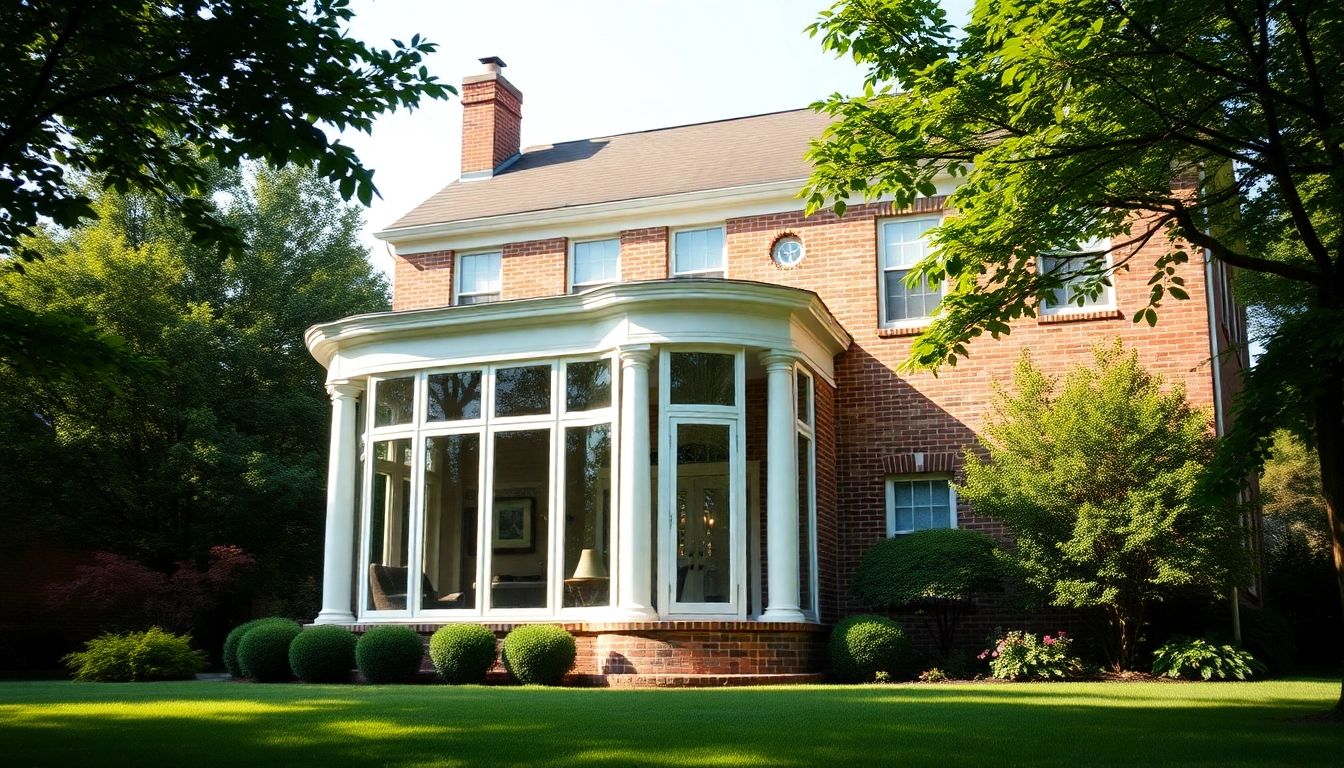 A beautifully designed colonial home addition featuring a sunroom and lush surroundings enhancing aesthetics.
