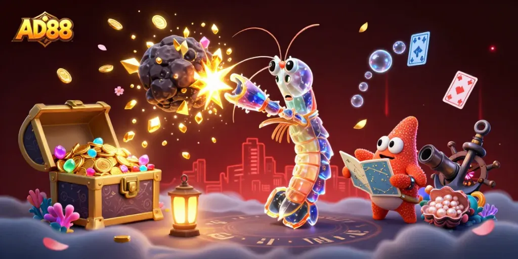 Engage in thrilling gameplay with AD88 while a galactic samurai mantis shrimp conquers gems and rewards.