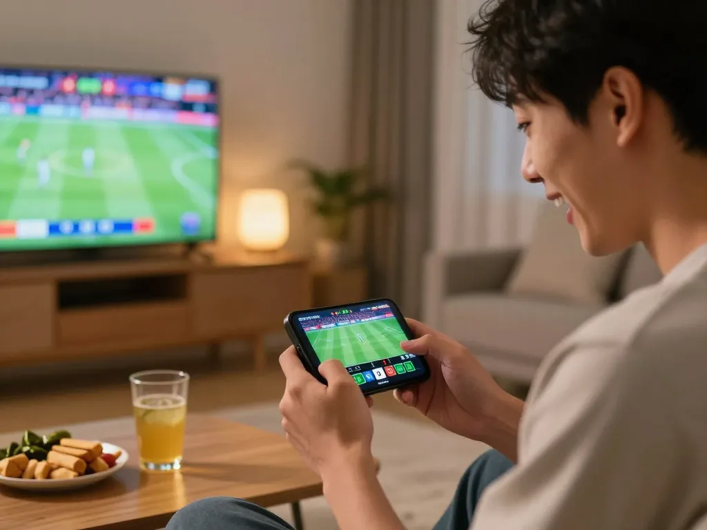 Bongdalu user placing sports bets on smartphone with excitement in cozy home setting.