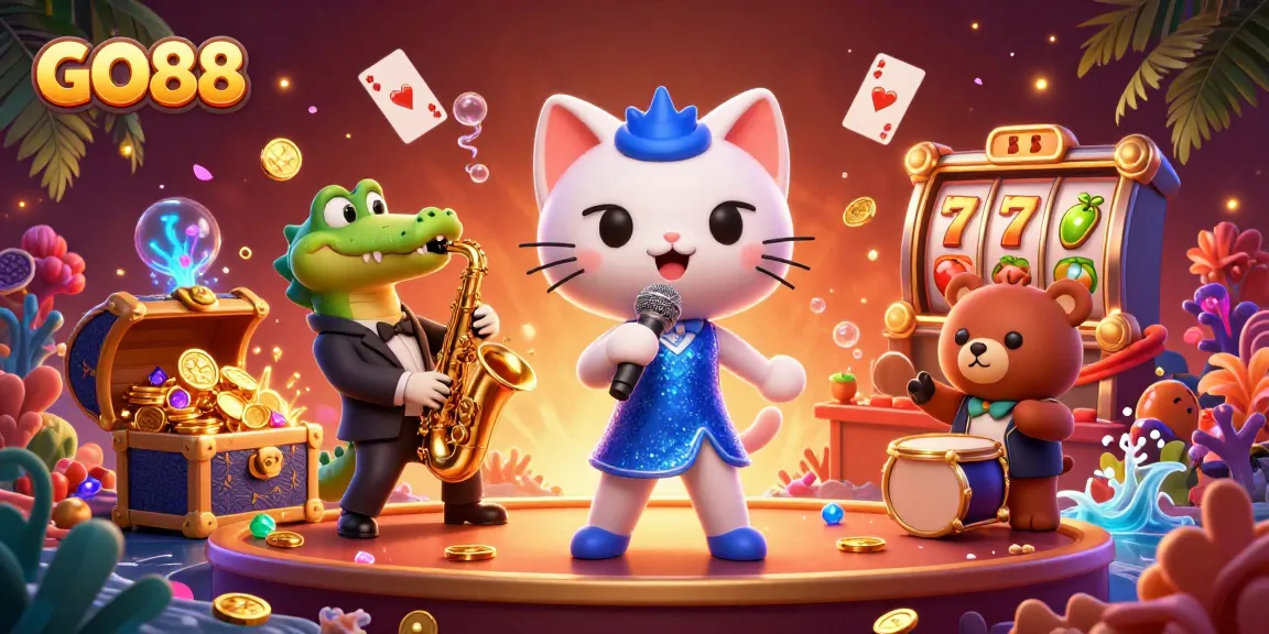 Experience GO88's vibrant casino atmosphere with characters enjoying a lively performance amid treasure and games.