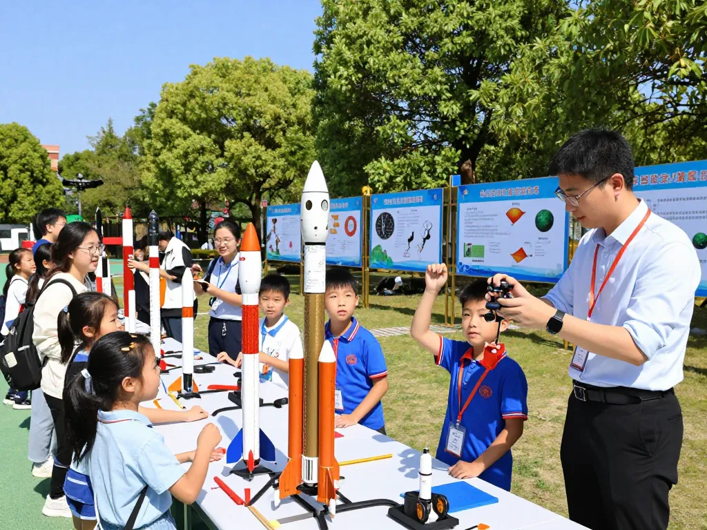 Students learning about model rocket motors during a school rocket launch event.