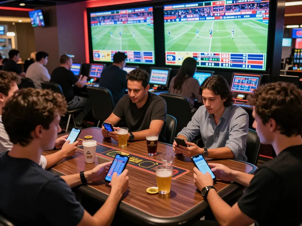 Go8 players engaging in sports betting strategy with lively discussions and live events screens.