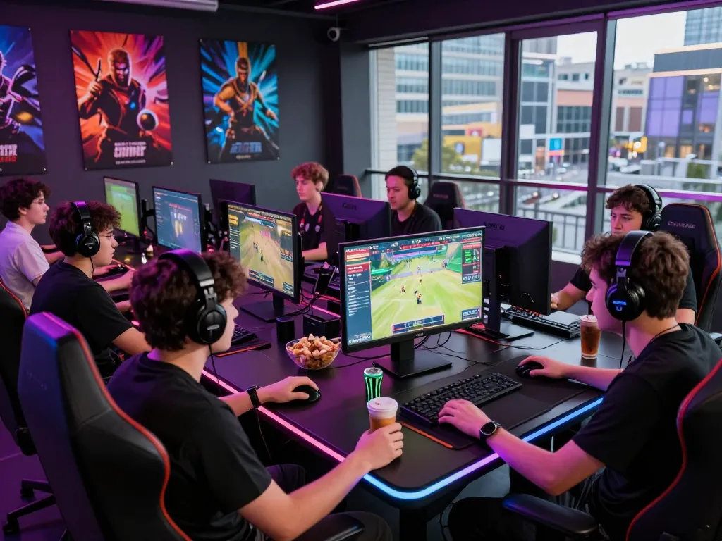 Players engaging in a thrilling esports tournament at 78win.com with vibrant backgrounds and dynamic gaming setup.