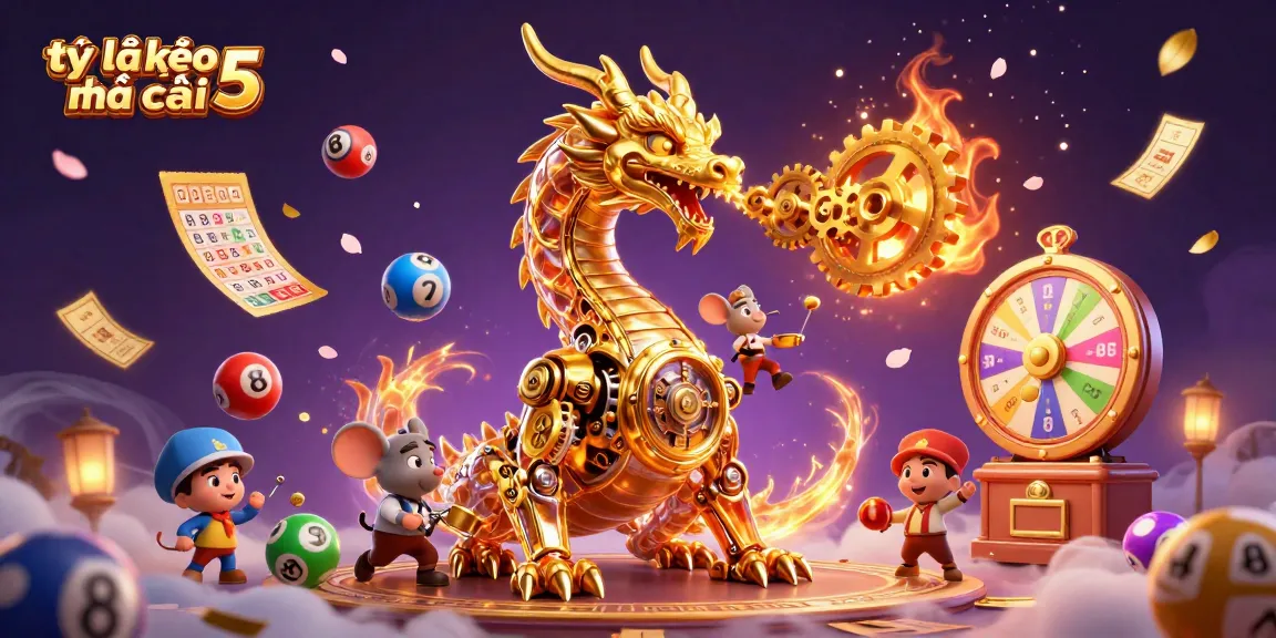Engage with tỷ lệ kèo nhà cái 5 through a dynamic 3D illustration of a golden dragon breathing gears in a rich casino atmosphere.