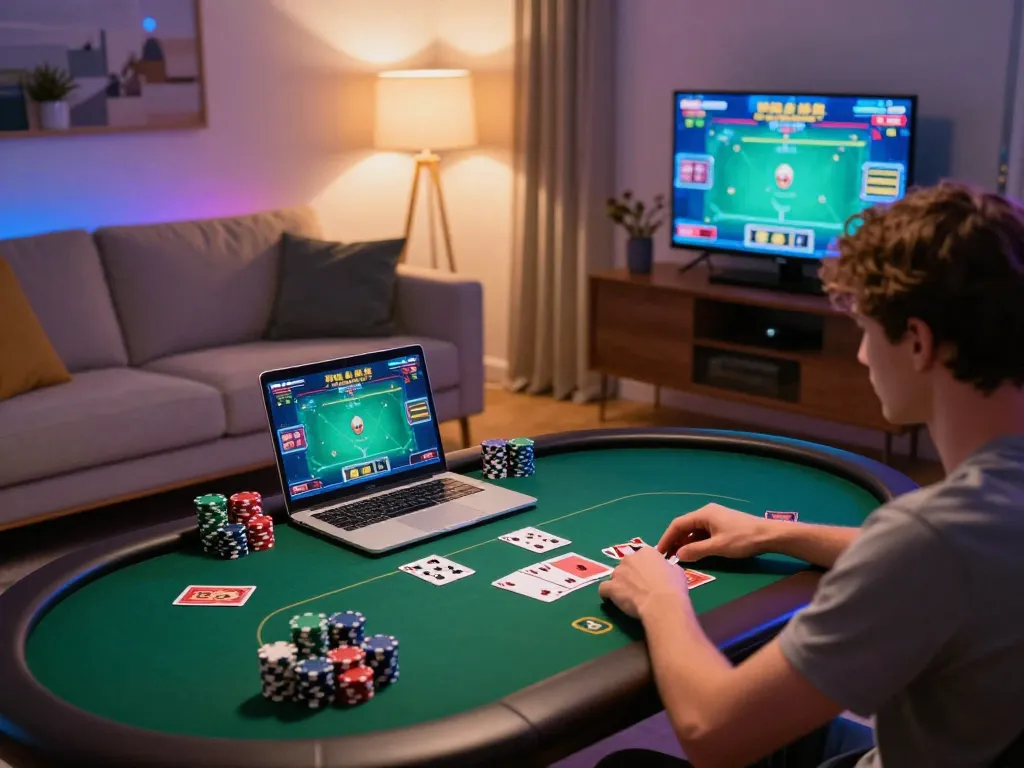 Playing online poker at home using bl555 gaming setup with vibrant lights and chips.
