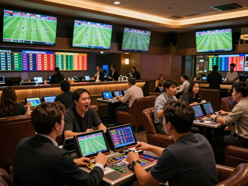 Patrons placing their bets in a vibrant sports betting lounge, experiencing trang cá cược bóng đá uy tín with excitement.